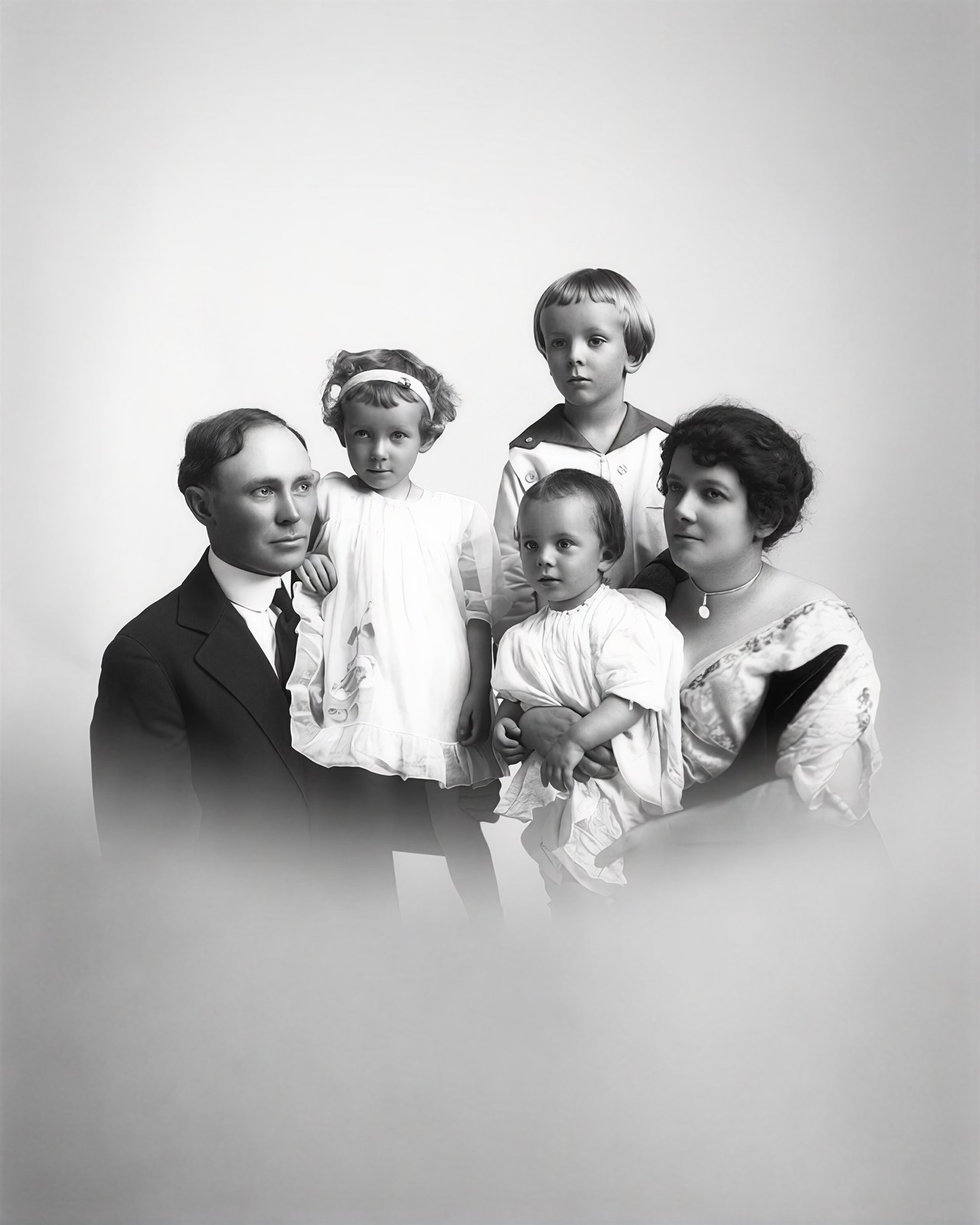 After: Family portrait, parents with three children. Original glass plate negative is from the J. C. Knowles Collection, PhC.182, State Archives of North Carolina. (8720643985).jpg
