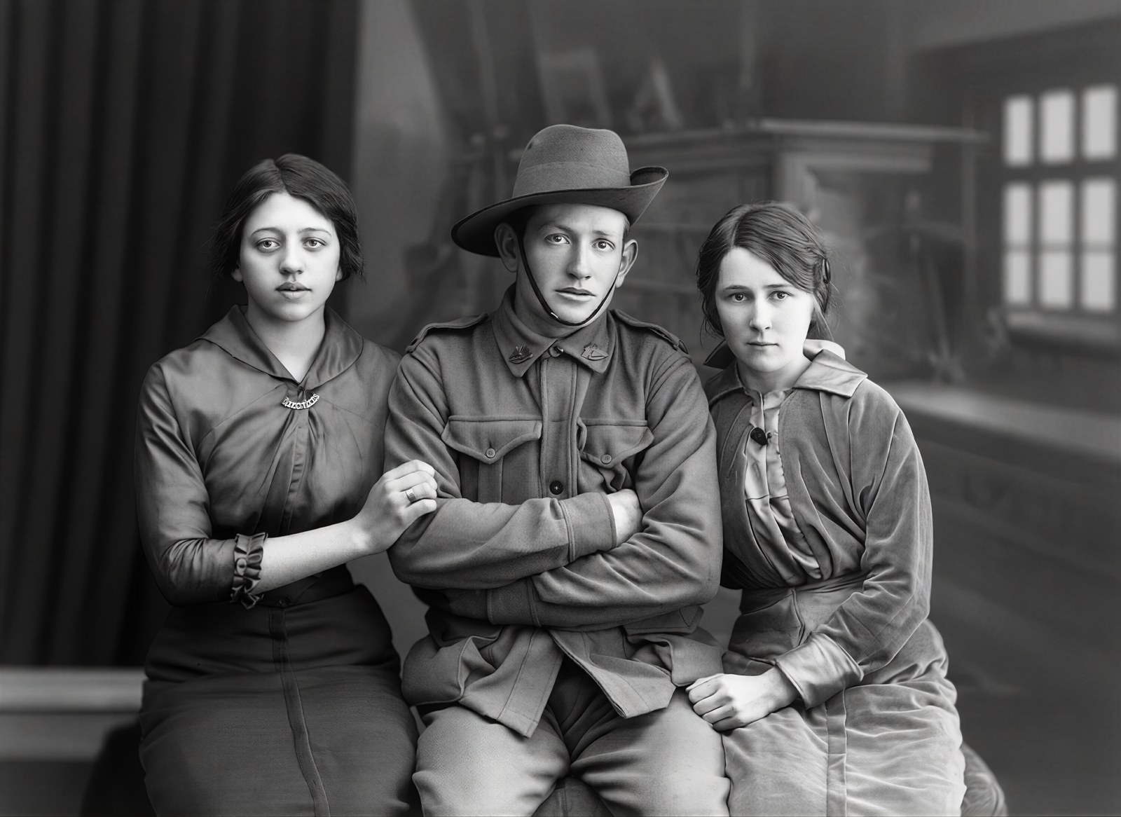 After: three young people in 1910s clothing