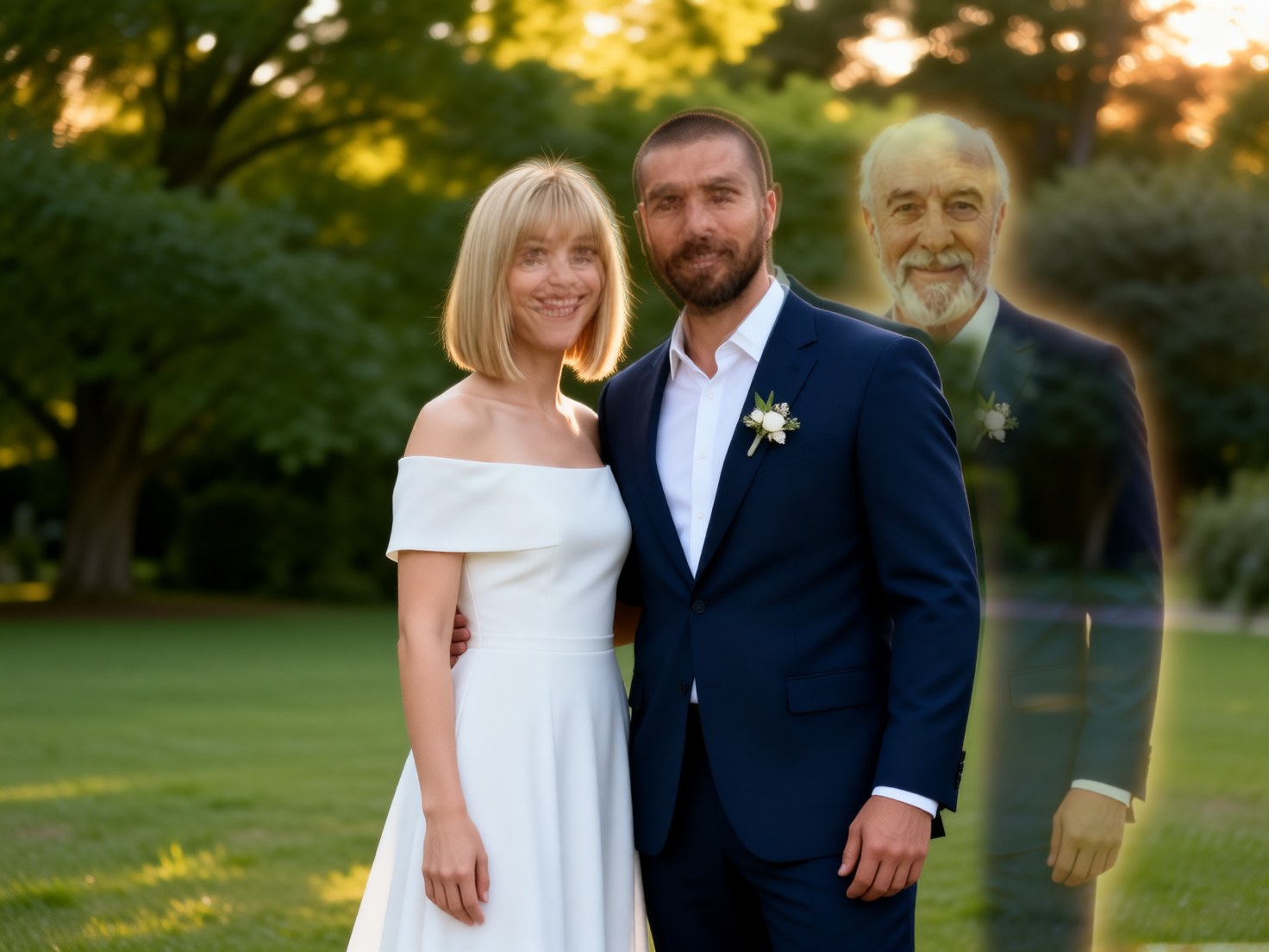 After: a wedding couple, with the bride's late grandfather added softly behind them